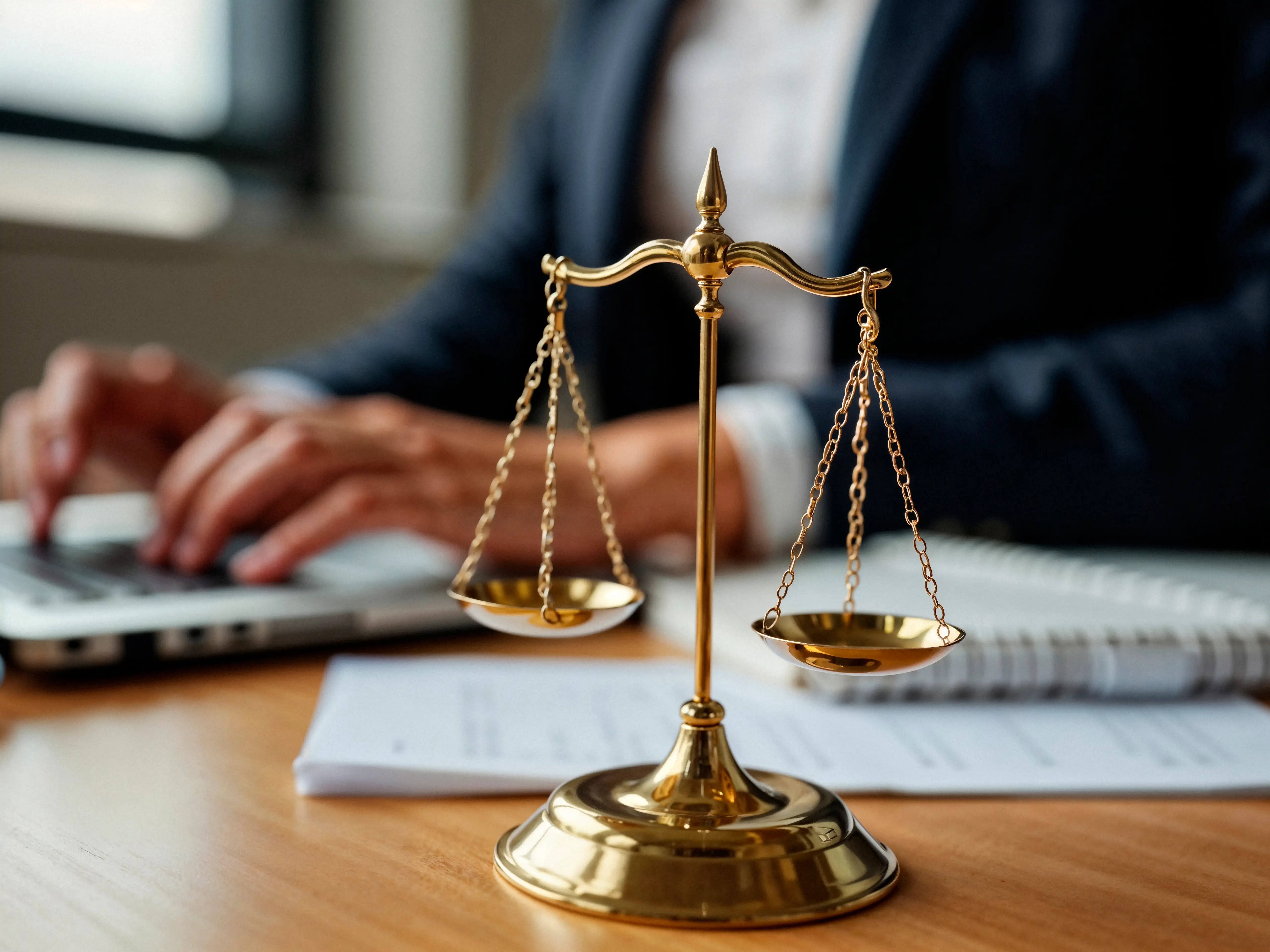 Scales of justice on attorney desk